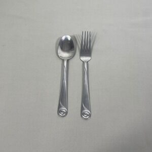 Vtg Farberware Swirl Stainless Flatware Glossy 2pc Fork Spoon Discontinued 08-09